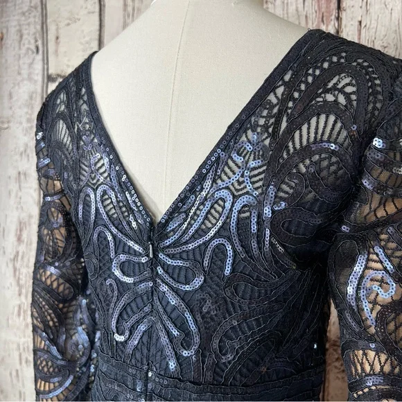Tadashi Shoji Sequins Swirl Fitted Lace Long-Sleeve Cocktail Dress Size 2 EUC - Picture 10 of 16